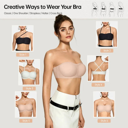 💞Womens Strapless Bras Push Up Bandeau Bra Non Slip Wireless Supportive Padded Bras